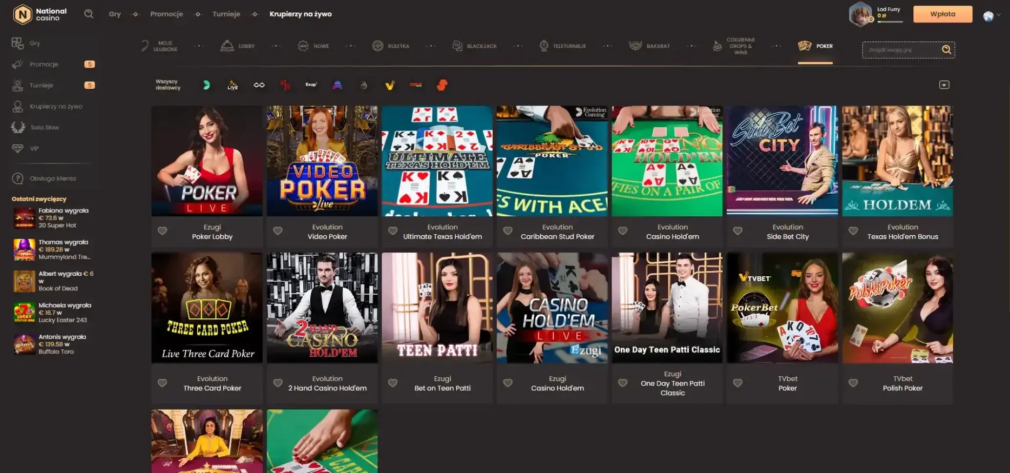 Oferta pokera w National casino