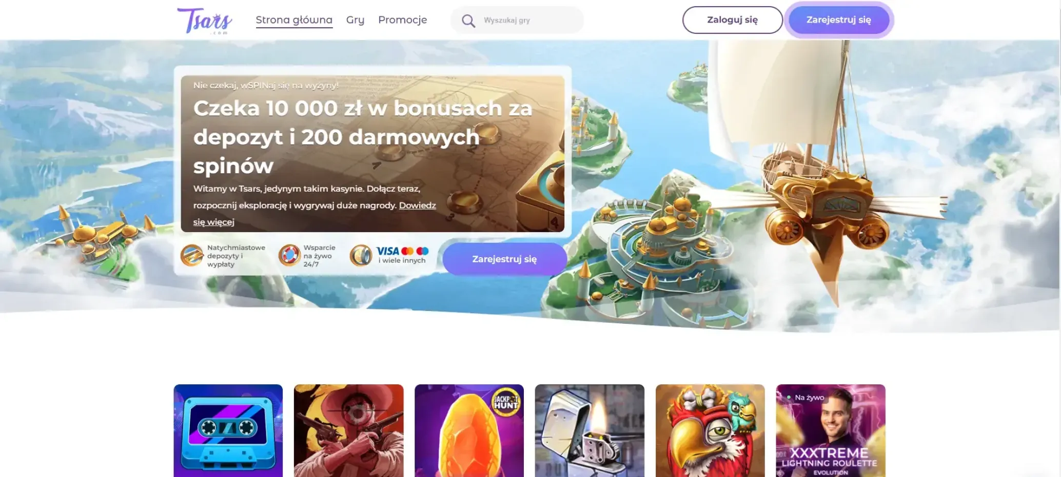 Struktura witryny Tsars Casino i sposób korzystania z menu